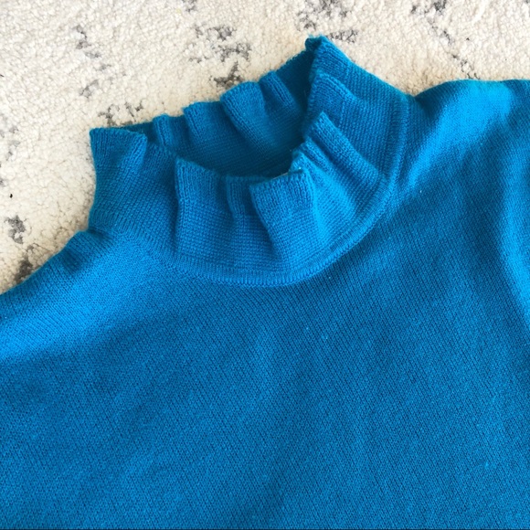 Vintage 1980s Sears Fashion Place High Neck Ruffles Blue Sweater - Picture 4 of 8